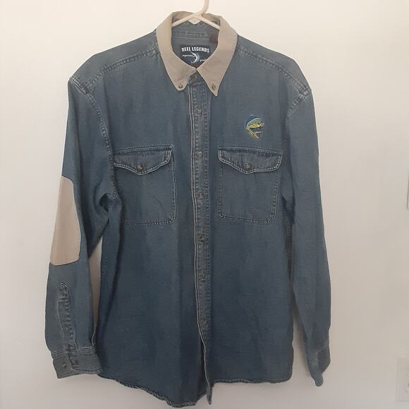 Reel Legends Vintage Shirt-Jacket Men's Large Blue Denim Shacket Elbow Patches - Picture 1 of 11